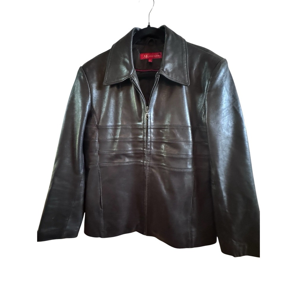 Anne Klein Black Supple Leather Jacket Woman's Large Chest Stiched Stripe Chic